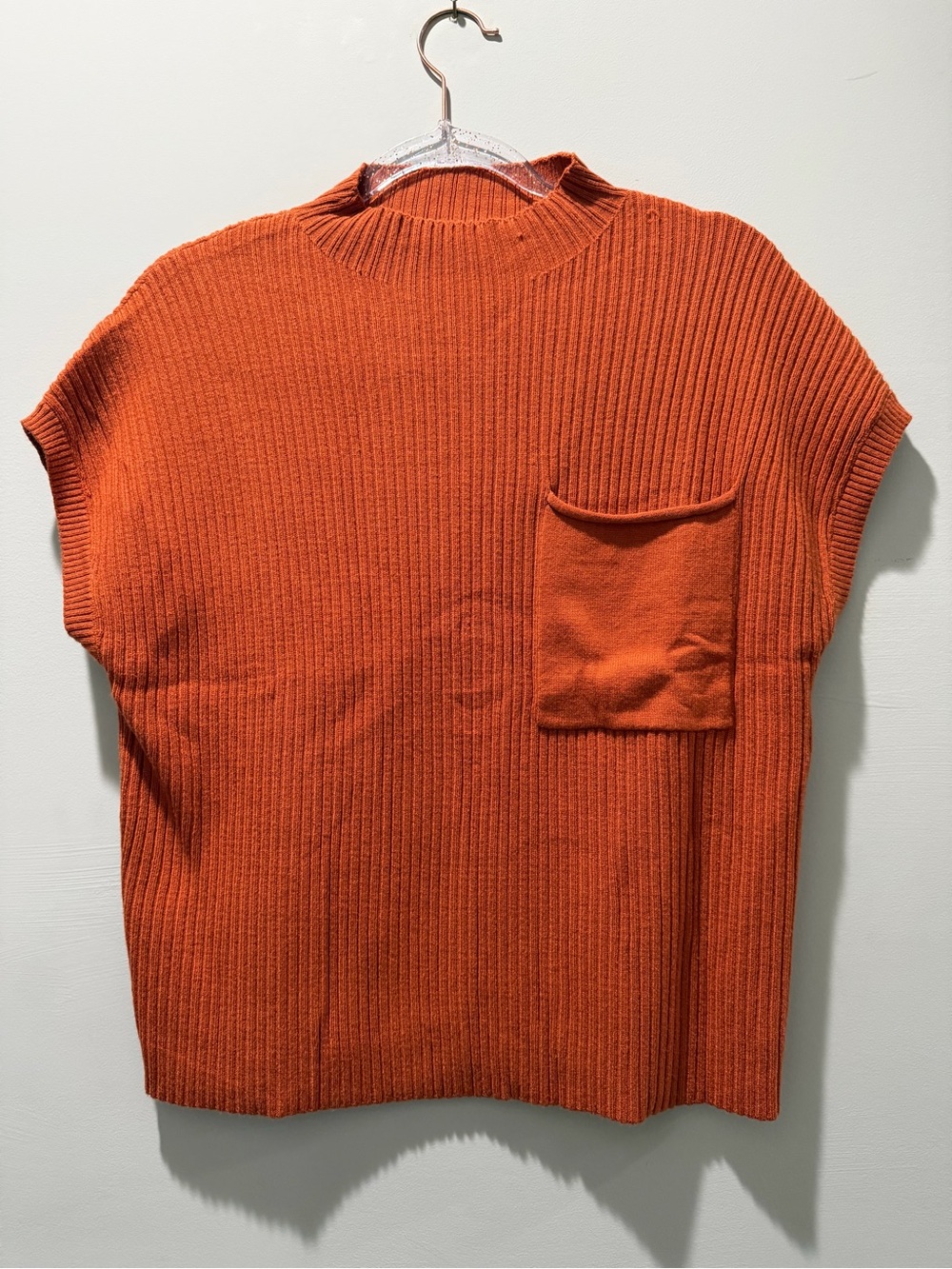 Boxy Ribbed Knit Top with Pocket - Orange